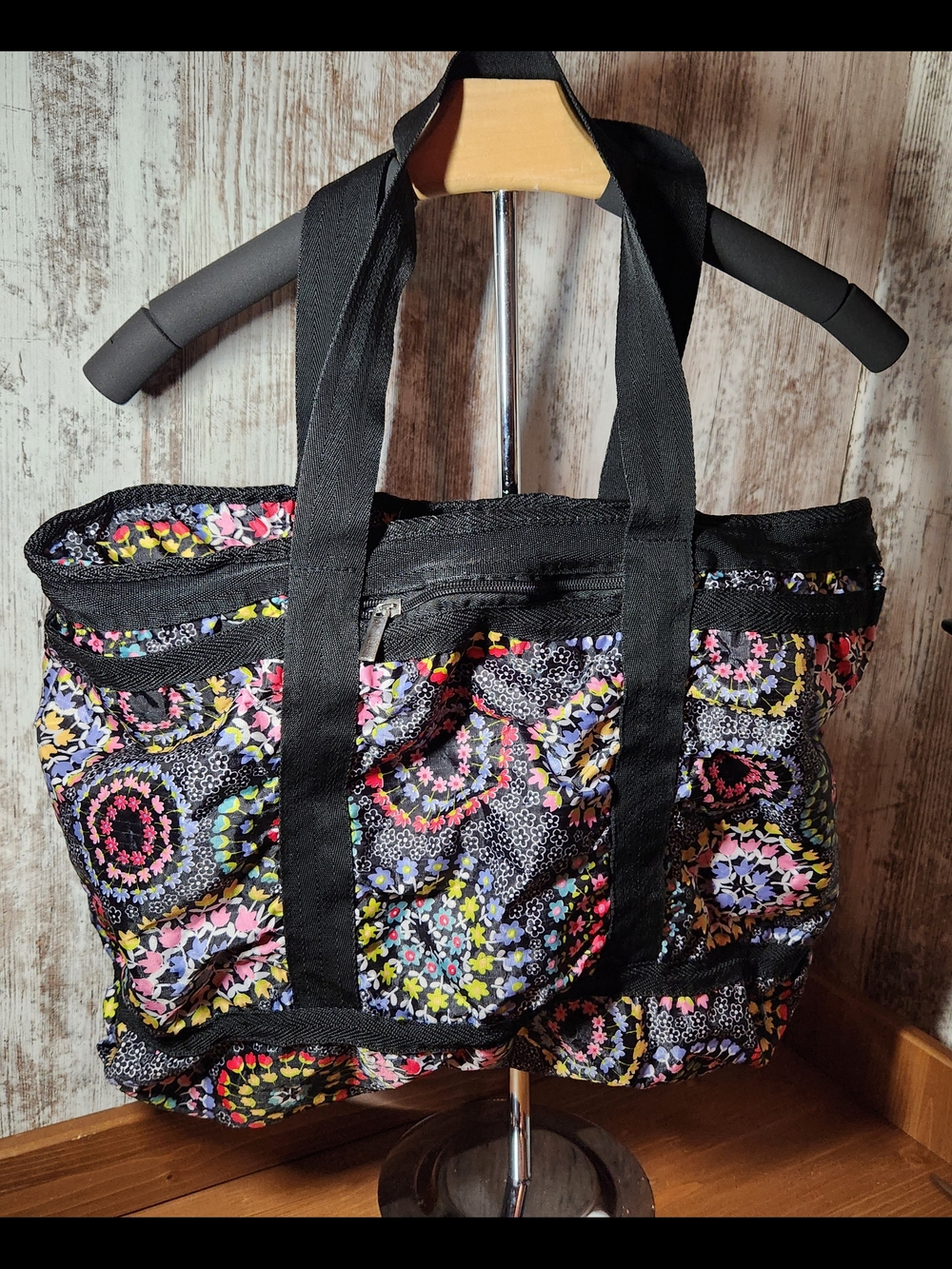 Aphorism Black Nylon Multi Color Tote Floral Medallions Side Pockets Zippers - Picture 2 of 14